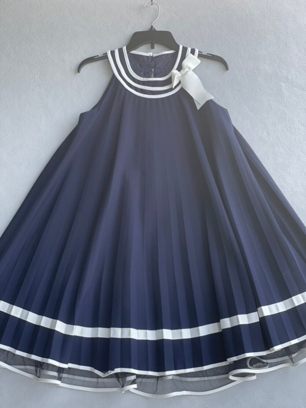 BONNIE JEAN GIRL’S PLEATED NAUTICAL TRAPEZE HALTER DRESS NAVY BLUE - SIZE 16